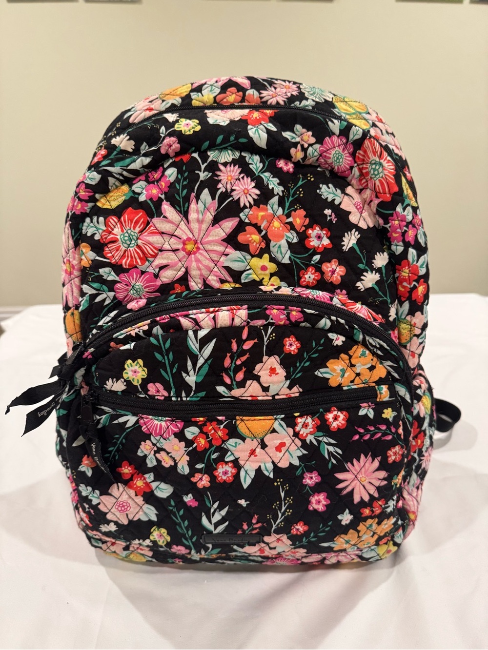 Vera Bradley Floral Quilted Small Backpack Travel School Bag Black Pink